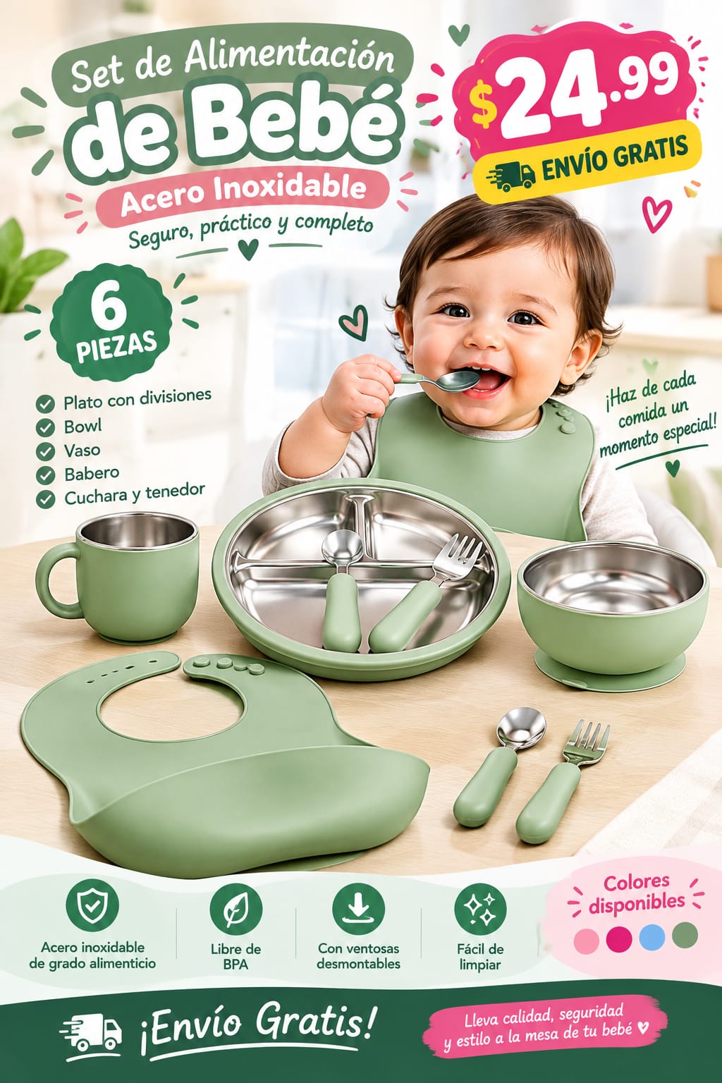 SET DE ALIMENTACION DE ACERO INOXIDABLE 6 PIEZAS
